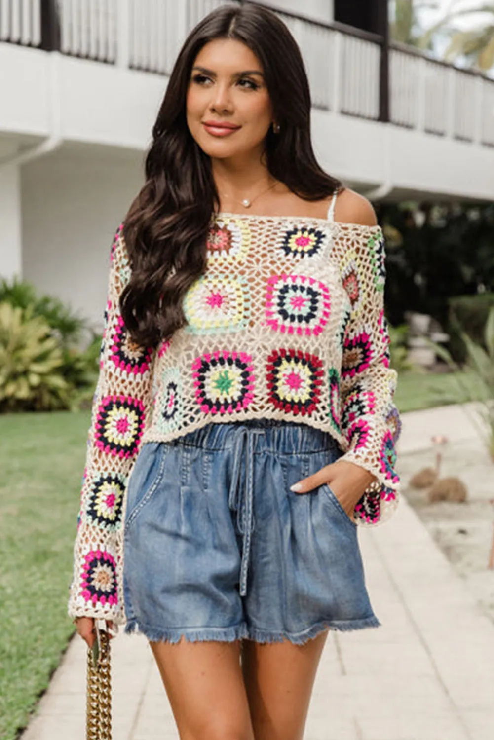 Apricot Boho Crochet Hollow-out Crop Sweater