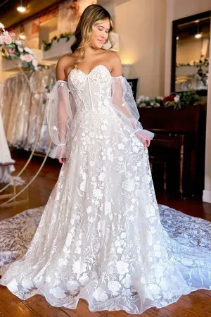 Arlet | A-Line Ivory Sweetheart Corset Detachable Long Sleeves Long Lace Wedding Dress