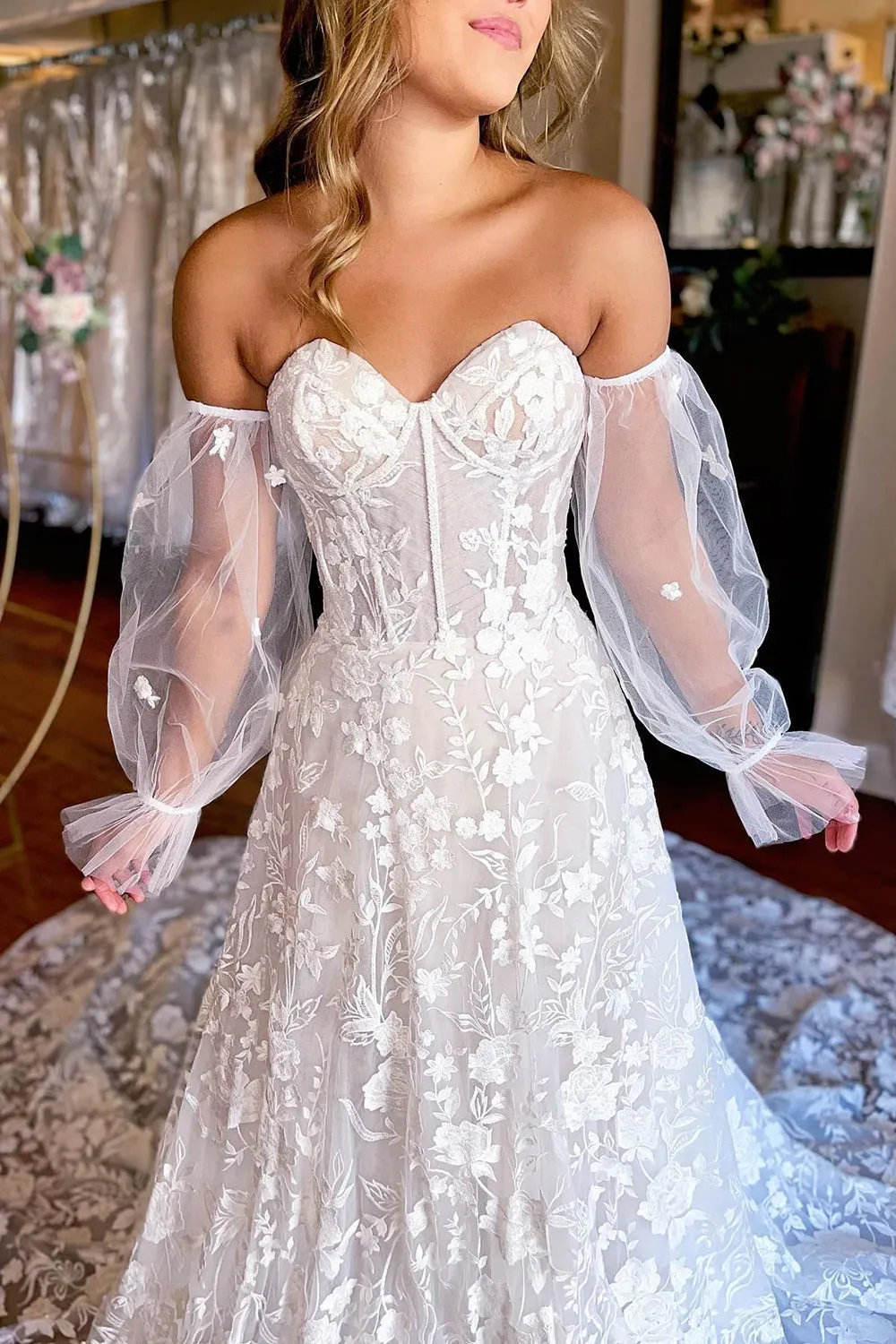 Arlet | A-Line Ivory Sweetheart Corset Detachable Long Sleeves Long Lace Wedding Dress