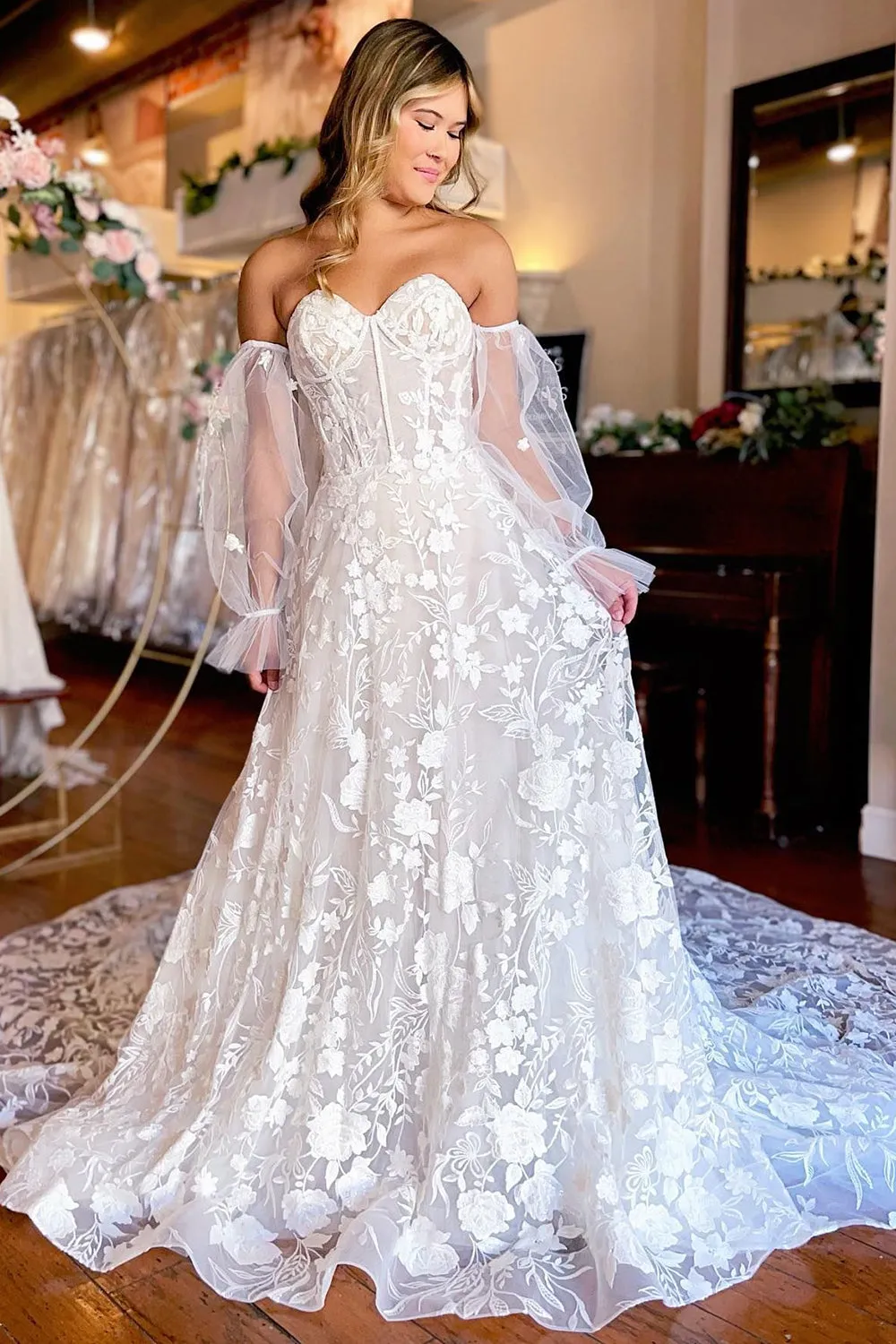 Arlet | A-Line Ivory Sweetheart Corset Detachable Long Sleeves Long Lace Wedding Dress