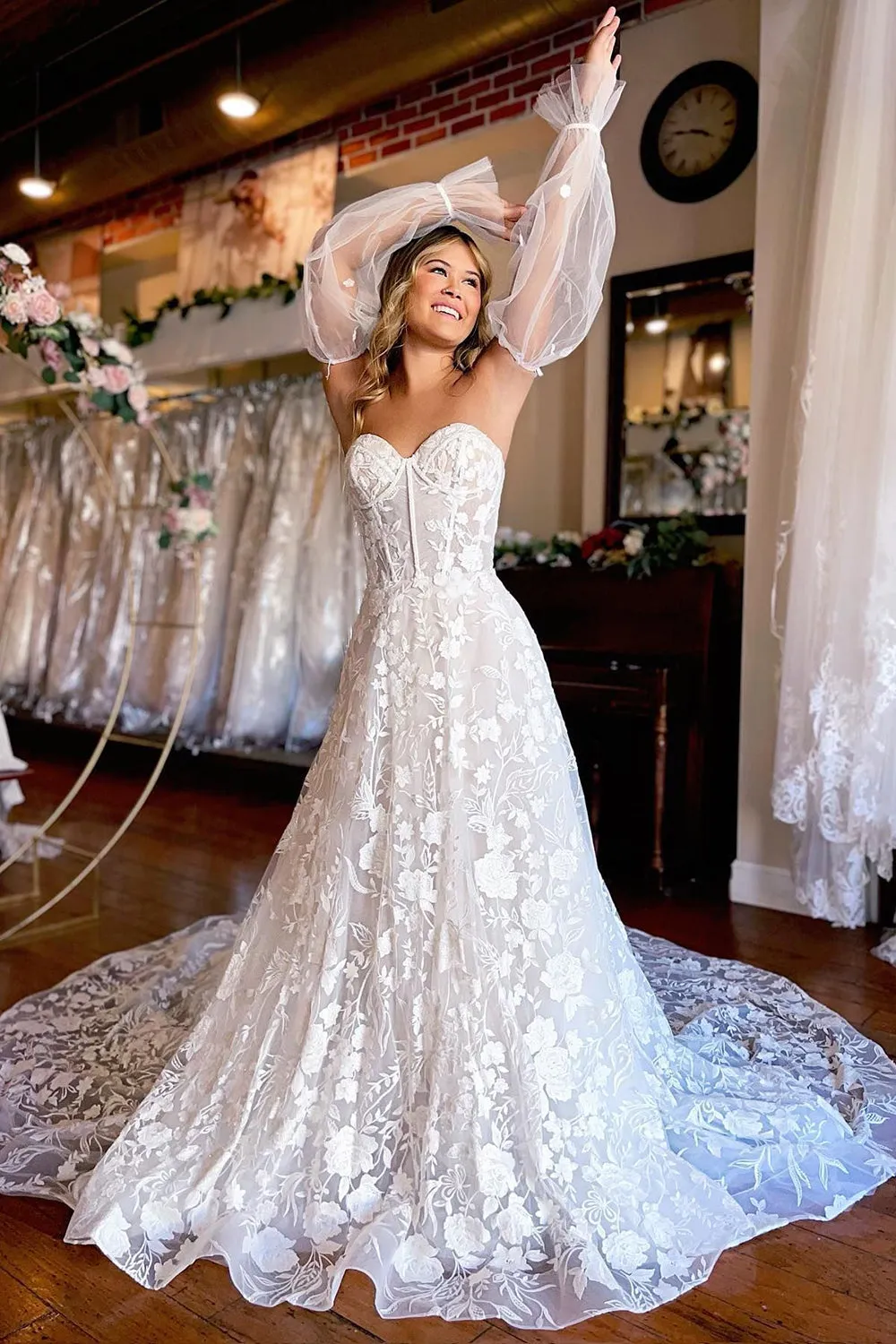 Arlet | A-Line Ivory Sweetheart Corset Detachable Long Sleeves Long Lace Wedding Dress