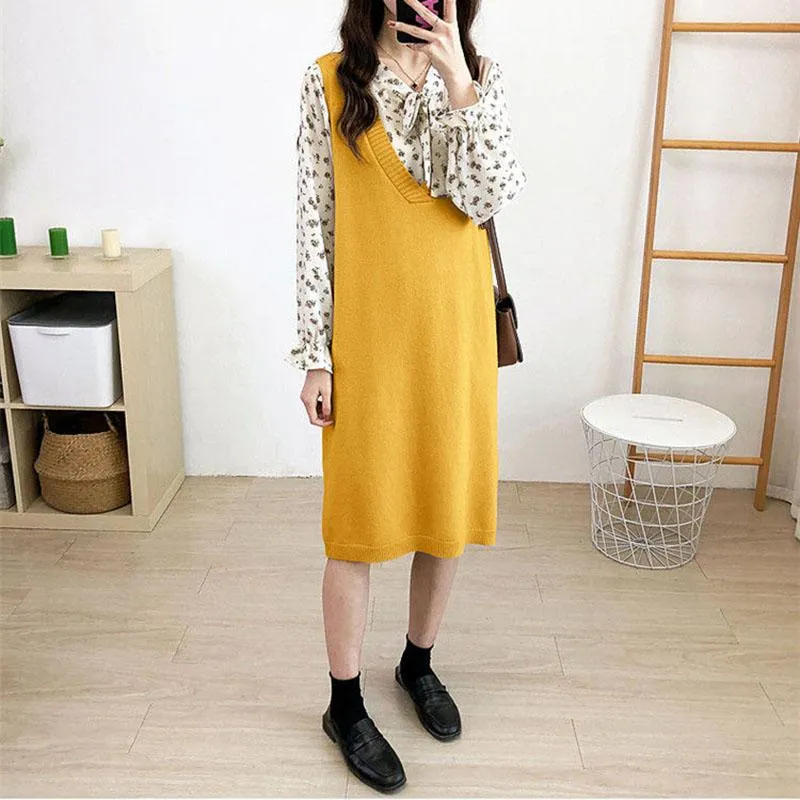 Autumn and Winter Long Knit Bottoming Skirt V-neck Over-the-knee Mid-length Sweater Skirt Loose Casual Women's Vest Skirt