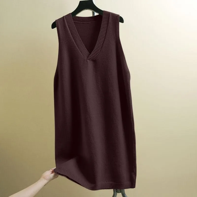 Autumn and Winter Long Knit Bottoming Skirt V-neck Over-the-knee Mid-length Sweater Skirt Loose Casual Women's Vest Skirt