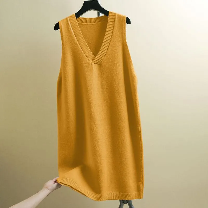 Autumn and Winter Long Knit Bottoming Skirt V-neck Over-the-knee Mid-length Sweater Skirt Loose Casual Women's Vest Skirt