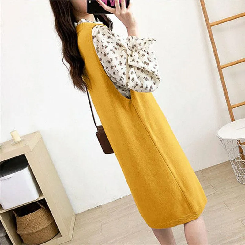 Autumn and Winter Long Knit Bottoming Skirt V-neck Over-the-knee Mid-length Sweater Skirt Loose Casual Women's Vest Skirt