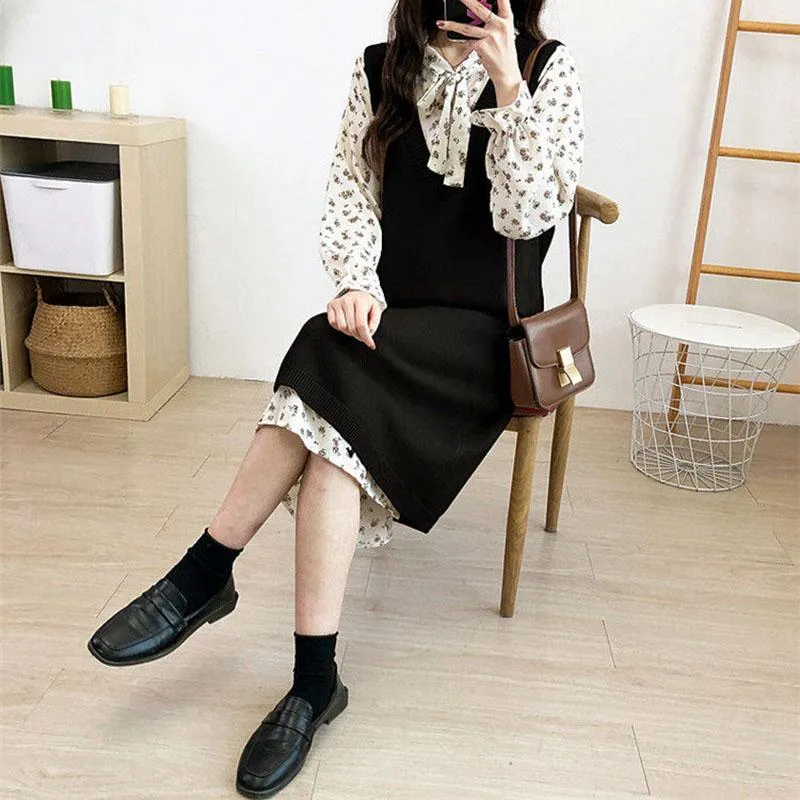 Autumn and Winter Long Knit Bottoming Skirt V-neck Over-the-knee Mid-length Sweater Skirt Loose Casual Women's Vest Skirt