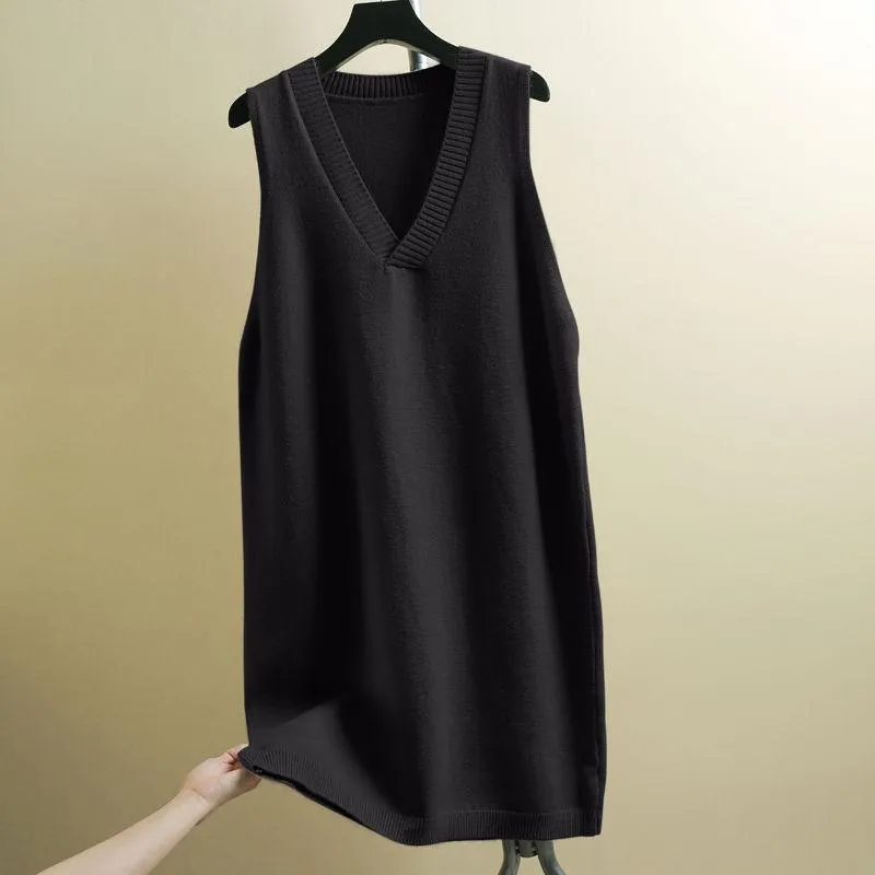 Autumn and Winter Long Knit Bottoming Skirt V-neck Over-the-knee Mid-length Sweater Skirt Loose Casual Women's Vest Skirt