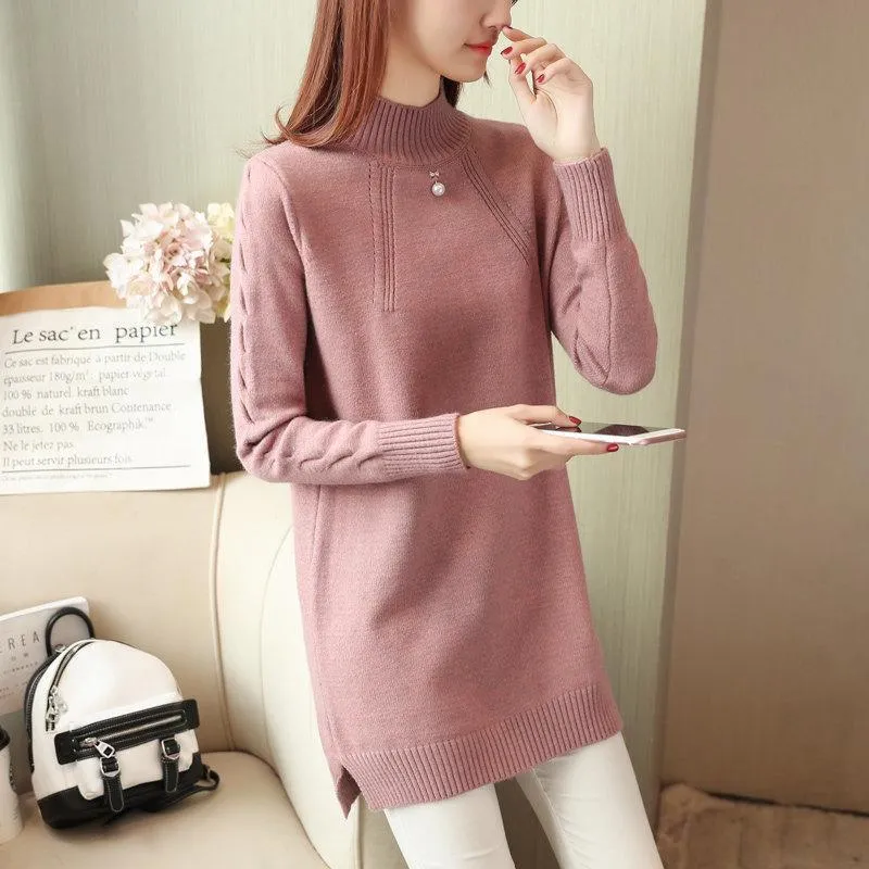 Autumn and Winter Loose Sweater Half High Neck Pullover Mid-length Jacket Thick Large Size Simple Dress