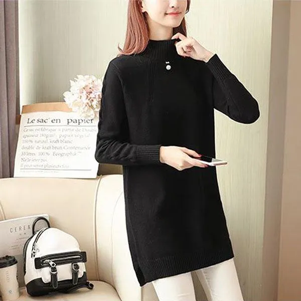 Autumn and Winter Loose Sweater Half High Neck Pullover Mid-length Jacket Thick Large Size Simple Dress