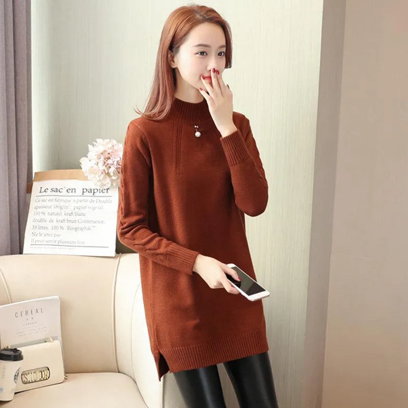 Autumn and Winter Loose Sweater Half High Neck Pullover Mid-length Jacket Thick Large Size Simple Dress