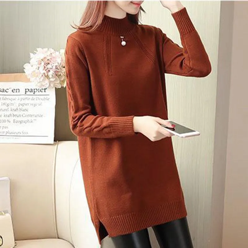 Autumn and Winter Loose Sweater Half High Neck Pullover Mid-length Jacket Thick Large Size Simple Dress