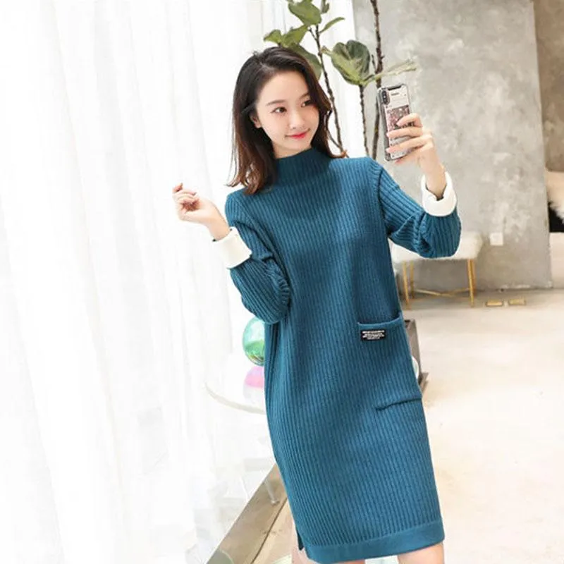 Autumn and Winter Mid-length Sweater Knitted Loose Half Turtleneck  Bottoming Shirt Long Sleeve Women's Dress