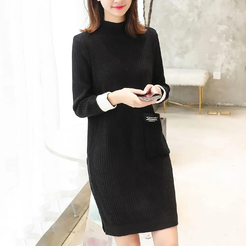 Autumn and Winter Mid-length Sweater Knitted Loose Half Turtleneck  Bottoming Shirt Long Sleeve Women's Dress