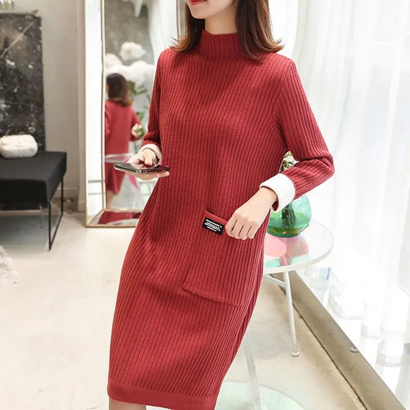 Autumn and Winter Mid-length Sweater Knitted Loose Half Turtleneck  Bottoming Shirt Long Sleeve Women's Dress