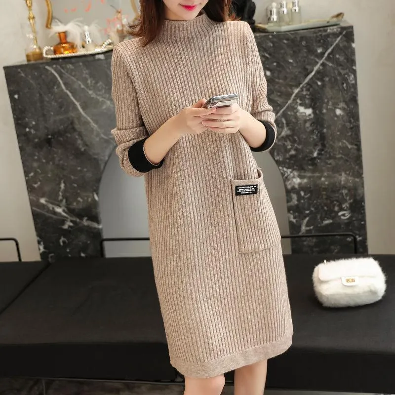 Autumn and Winter Mid-length Sweater Knitted Loose Half Turtleneck  Bottoming Shirt Long Sleeve Women's Dress