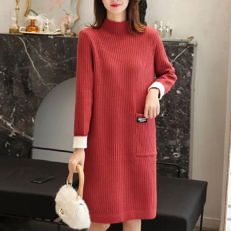 Autumn and Winter Mid-length Sweater Knitted Loose Half Turtleneck  Bottoming Shirt Long Sleeve Women's Dress