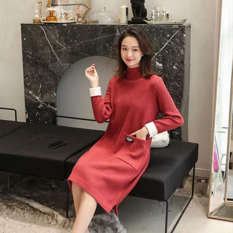 Autumn and Winter Mid-length Sweater Knitted Loose Half Turtleneck  Bottoming Shirt Long Sleeve Women's Dress