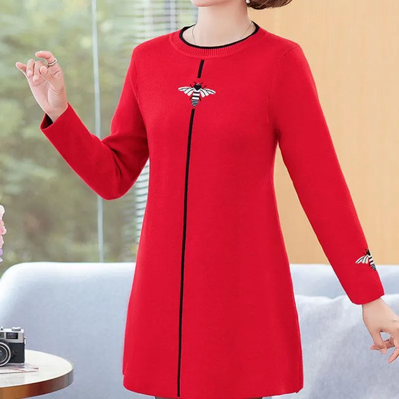 Autumn and Winter Plus Size Mid-length Dress Loose Thick Round Neck Knitted Base Skirt Simple Casual Middle-aged Women Sweater Dress