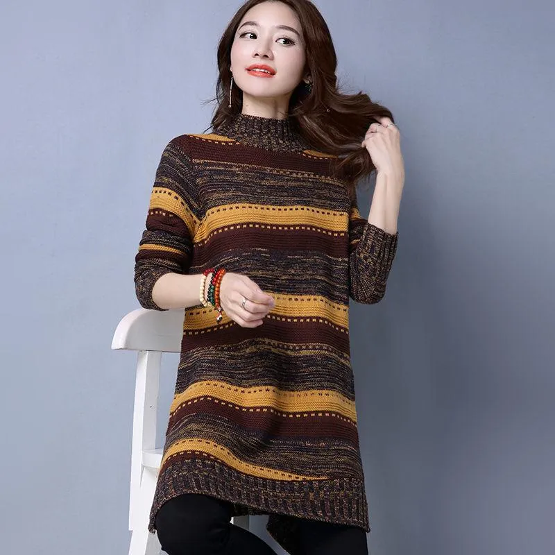 Autumn and Winter Thick Korean Version of The Hood Loose Striped Half High Neck Mid-length Floral Line Sweater Women's Large Size Base Sweater