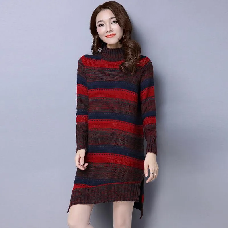 Autumn and Winter Thick Korean Version of The Hood Loose Striped Half High Neck Mid-length Floral Line Sweater Women's Large Size Base Sweater