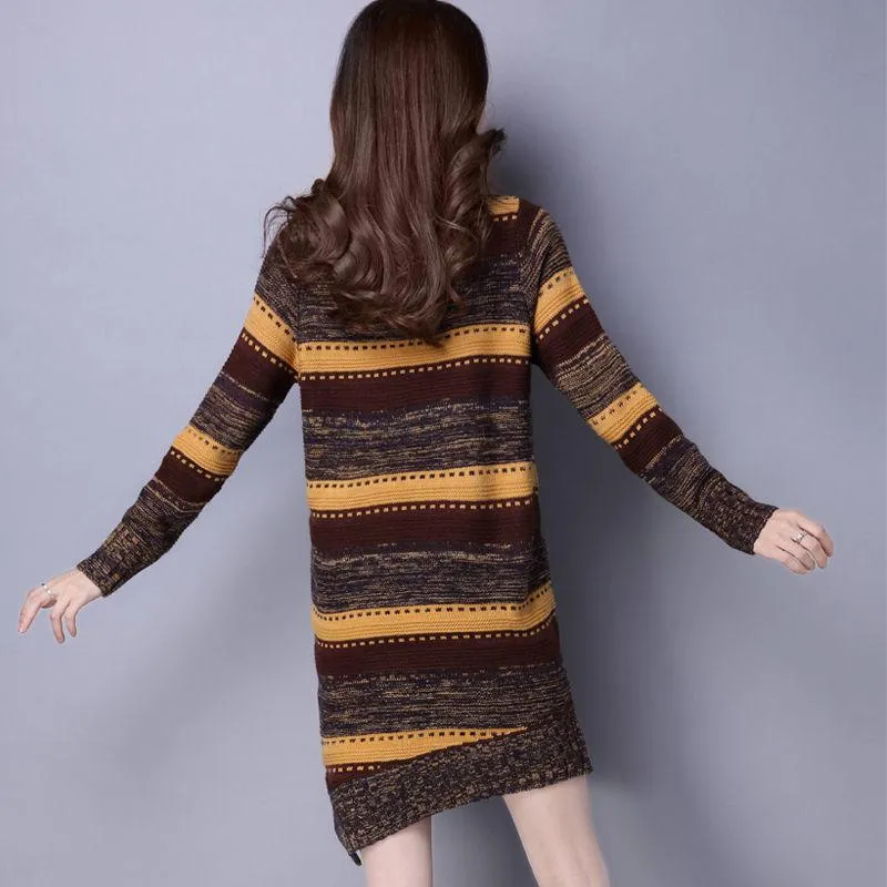 Autumn and Winter Thick Korean Version of The Hood Loose Striped Half High Neck Mid-length Floral Line Sweater Women's Large Size Base Sweater