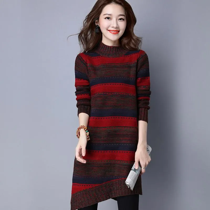 Autumn and Winter Thick Korean Version of The Hood Loose Striped Half High Neck Mid-length Floral Line Sweater Women's Large Size Base Sweater