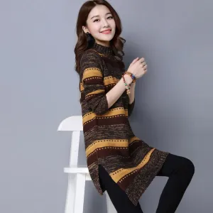 Autumn and Winter Thick Korean Version of The Hood Loose Striped Half High Neck Mid-length Floral Line Sweater Women's Large Size Base Sweater