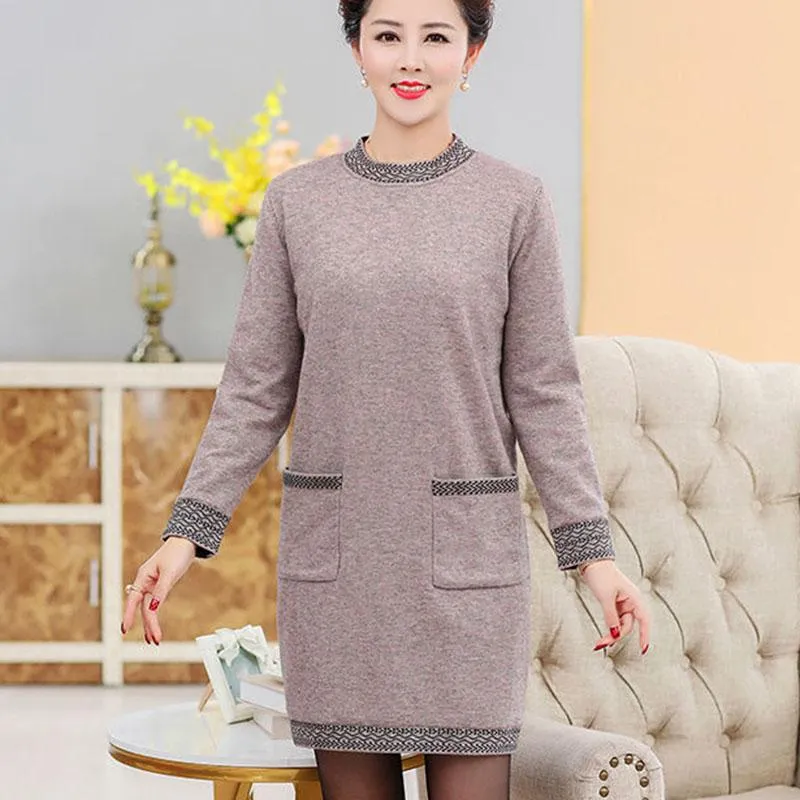 Autumn and Winter Thick Mid-length Dress Half High Neck Knitted Casual Bottoming Skirt Simple Temperament Middle-aged Women Sweater Dress