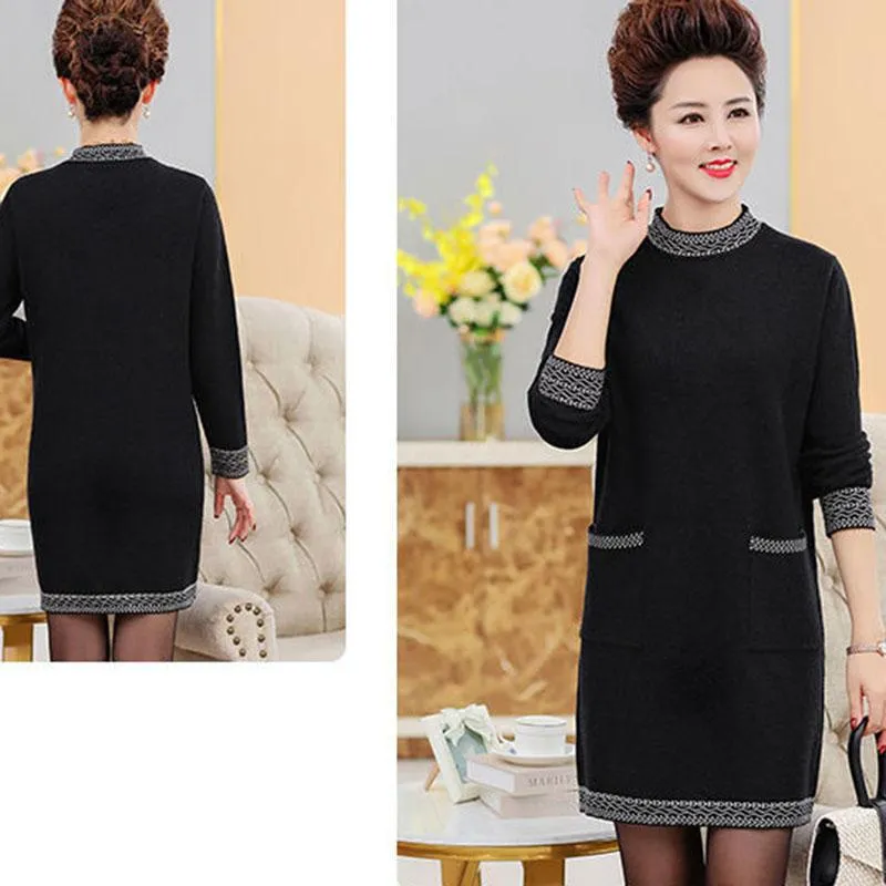 Autumn and Winter Thick Mid-length Dress Half High Neck Knitted Casual Bottoming Skirt Simple Temperament Middle-aged Women Sweater Dress