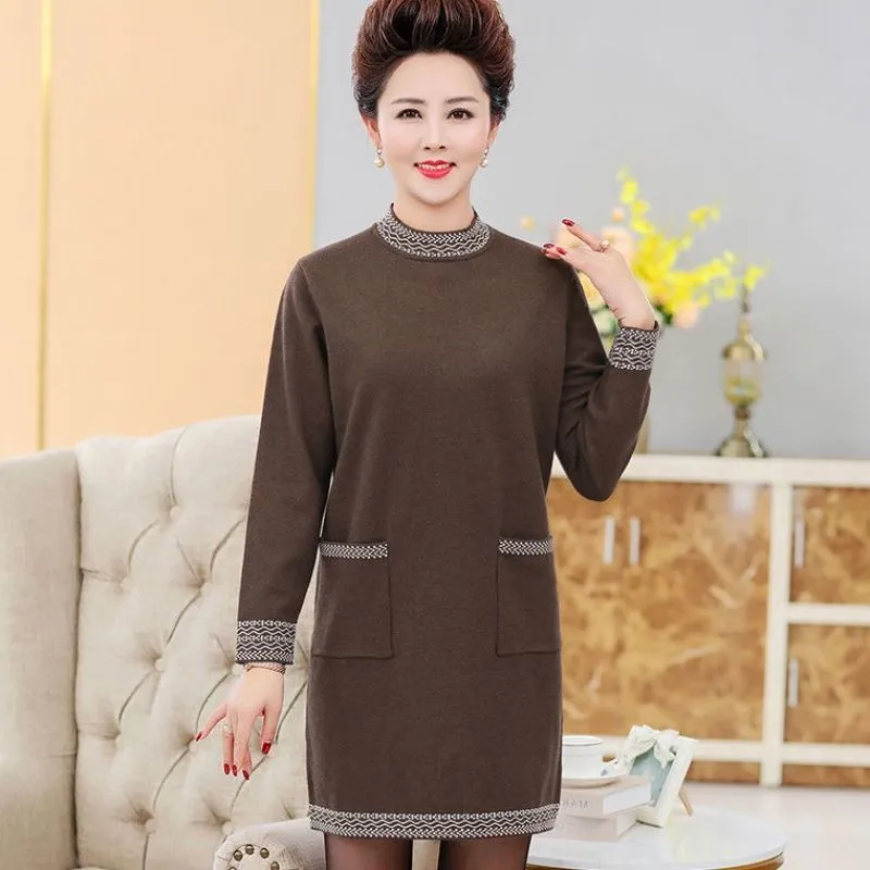 Autumn and Winter Thick Mid-length Dress Half High Neck Knitted Casual Bottoming Skirt Simple Temperament Middle-aged Women Sweater Dress