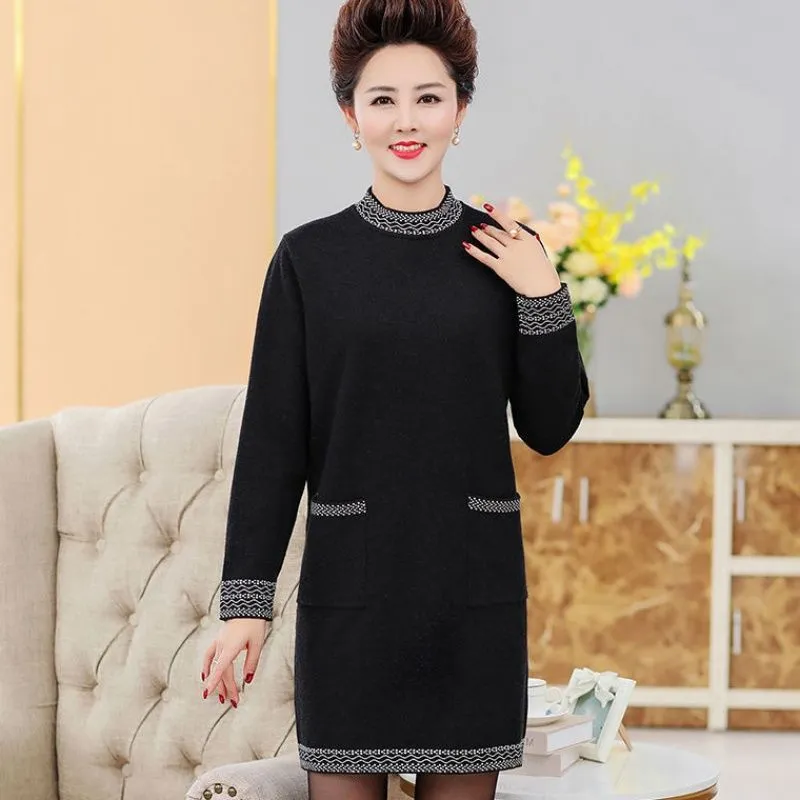 Autumn and Winter Thick Mid-length Dress Half High Neck Knitted Casual Bottoming Skirt Simple Temperament Middle-aged Women Sweater Dress