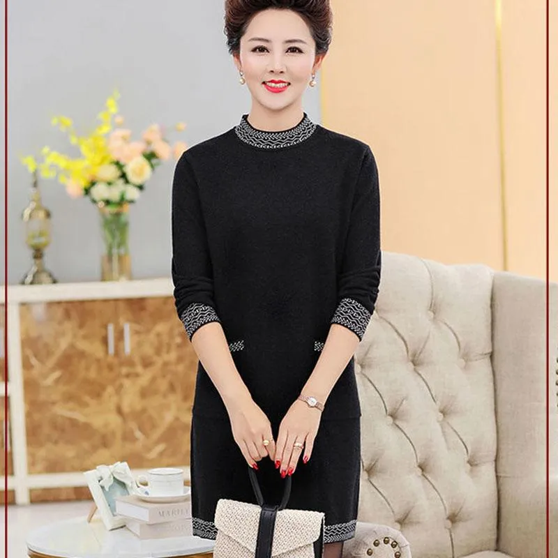 Autumn and Winter Thick Mid-length Dress Half High Neck Knitted Casual Bottoming Skirt Simple Temperament Middle-aged Women Sweater Dress