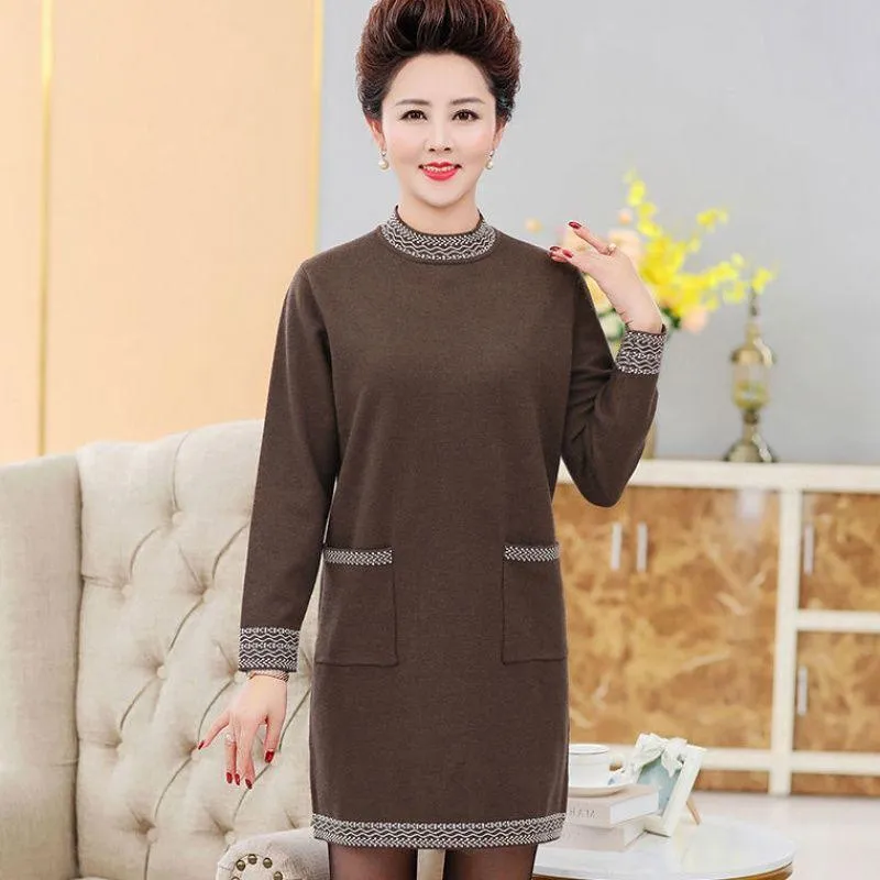 Autumn and Winter Thick Mid-length Dress Half High Neck Knitted Casual Bottoming Skirt Simple Temperament Middle-aged Women Sweater Dress