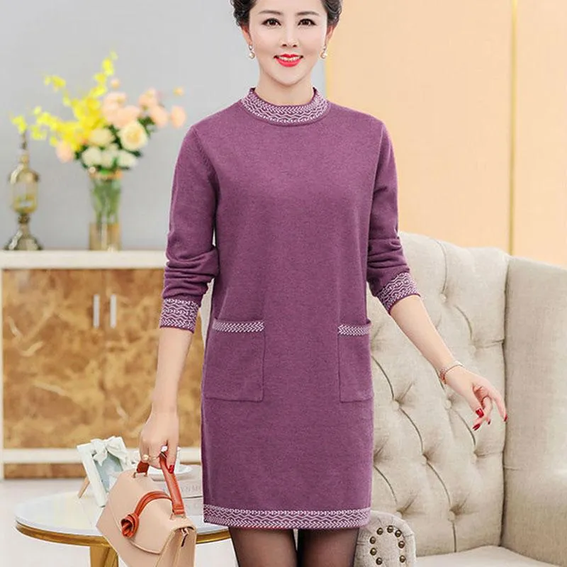 Autumn and Winter Thick Mid-length Dress Half High Neck Knitted Casual Bottoming Skirt Simple Temperament Middle-aged Women Sweater Dress