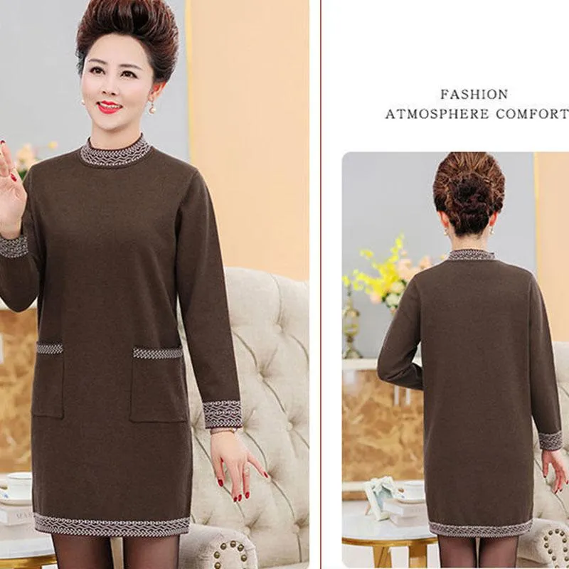 Autumn and Winter Thick Mid-length Dress Half High Neck Knitted Casual Bottoming Skirt Simple Temperament Middle-aged Women Sweater Dress