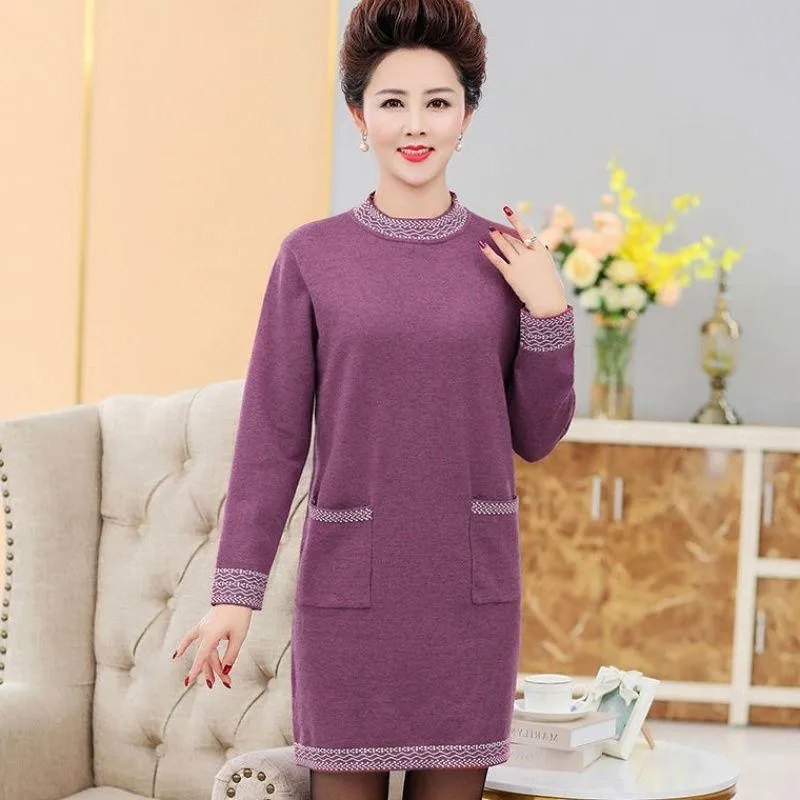 Autumn and Winter Thick Mid-length Dress Half High Neck Knitted Casual Bottoming Skirt Simple Temperament Middle-aged Women Sweater Dress