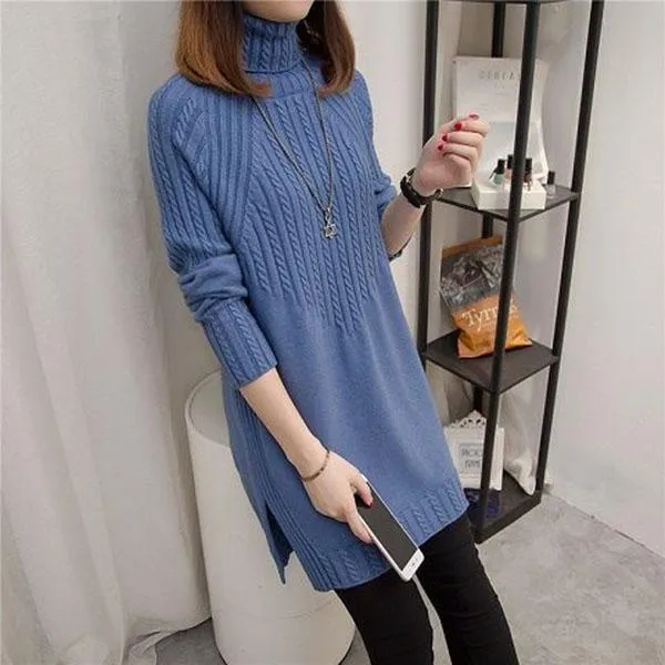 Autumn and Winter Thick Turtleneck Sweater Mid-length Loose Wild Sweater Dress Hedging Knit Women Sweater Dress