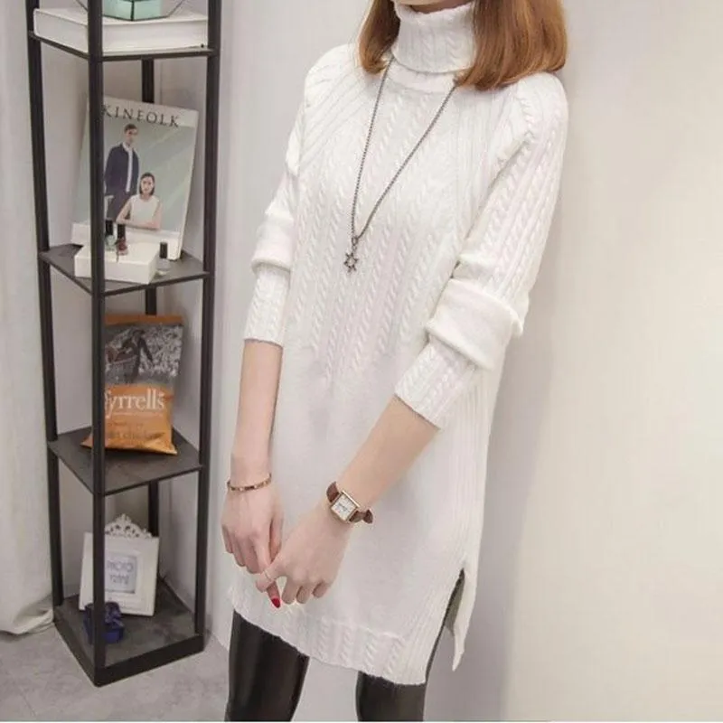 Autumn and Winter Thick Turtleneck Sweater Mid-length Loose Wild Sweater Dress Hedging Knit Women Sweater Dress