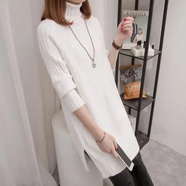 Autumn and Winter Thick Turtleneck Sweater Mid-length Loose Wild Sweater Dress Hedging Knit Women Sweater Dress