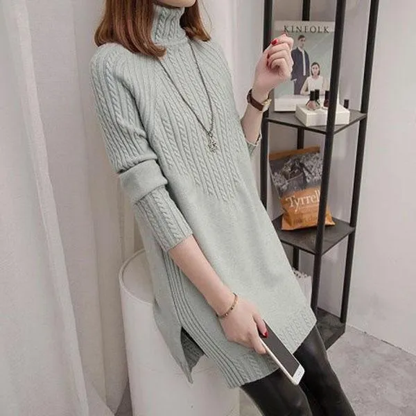 Autumn and Winter Thick Turtleneck Sweater Mid-length Loose Wild Sweater Dress Hedging Knit Women Sweater Dress