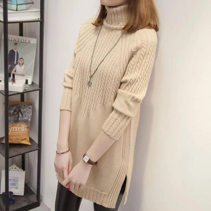 Autumn and Winter Thick Turtleneck Sweater Mid-length Loose Wild Sweater Dress Hedging Knit Women Sweater Dress