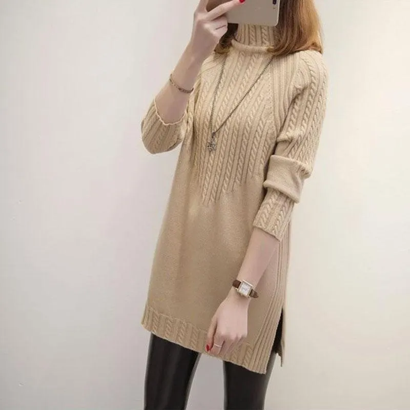 Autumn and Winter Thick Turtleneck Sweater Mid-length Loose Wild Sweater Dress Hedging Knit Women Sweater Dress