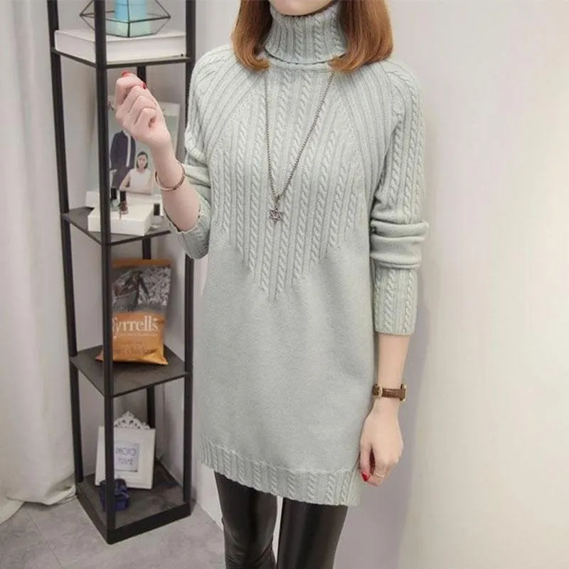 Autumn and Winter Thick Turtleneck Sweater Mid-length Loose Wild Sweater Dress Hedging Knit Women Sweater Dress