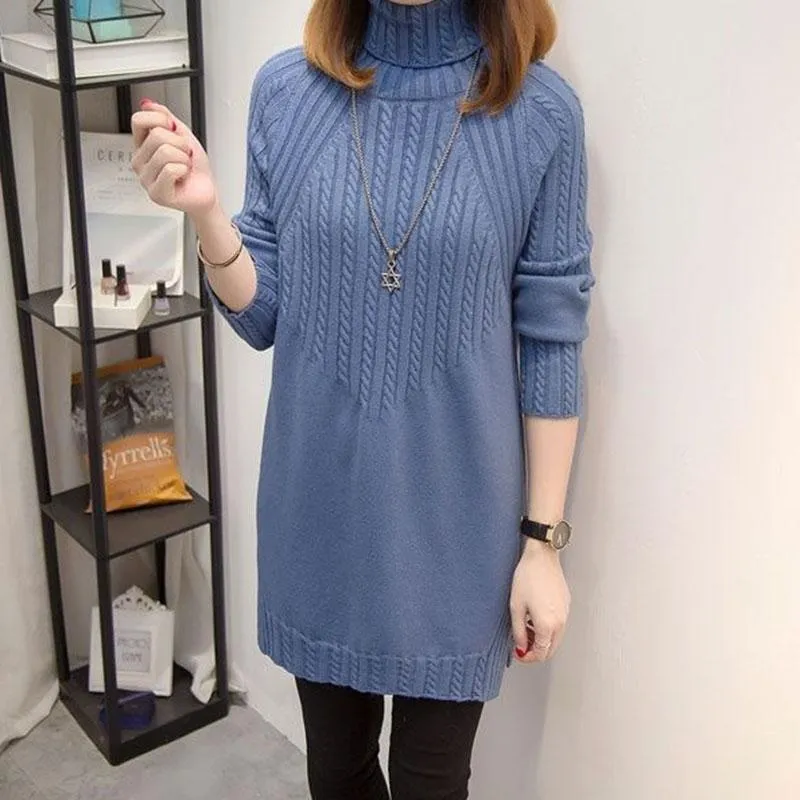 Autumn and Winter Thick Turtleneck Sweater Mid-length Loose Wild Sweater Dress Hedging Knit Women Sweater Dress