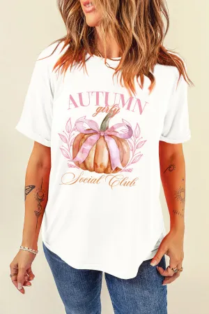 Autumn Girly Pumpkin Graphic Round Neck Short Sleeve T-Shirt