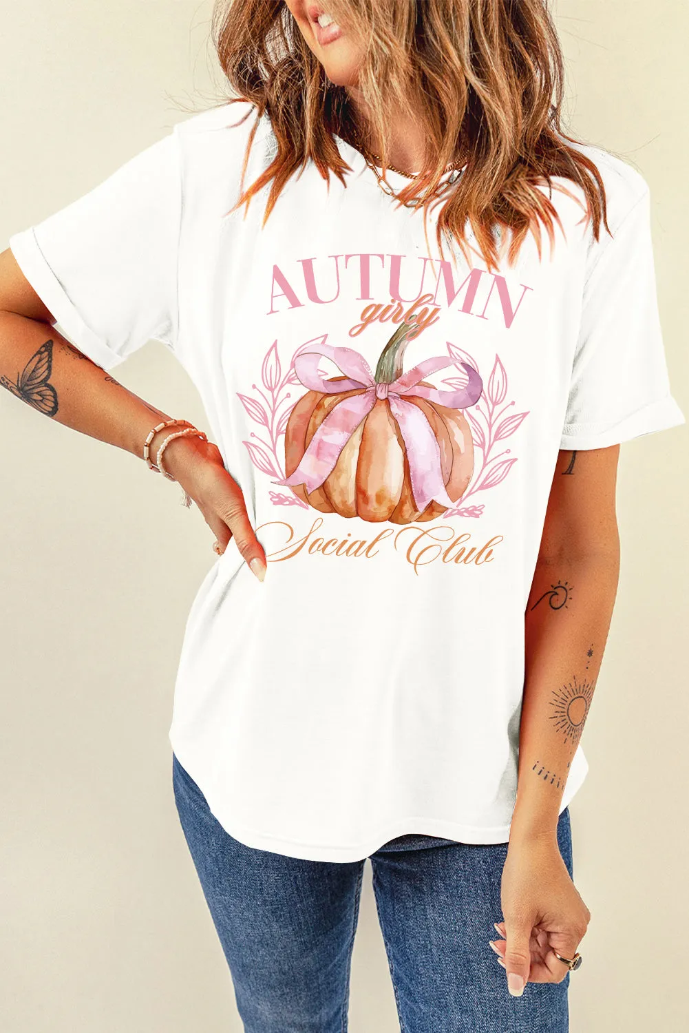 Autumn Girly Pumpkin Graphic Round Neck Short Sleeve T-Shirt