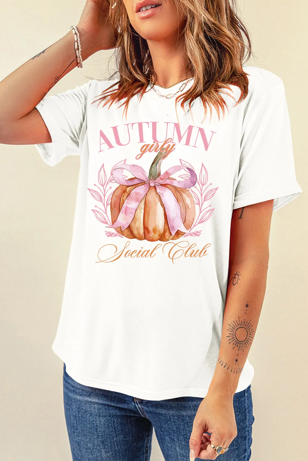 Autumn Girly Pumpkin Graphic Round Neck Short Sleeve T-Shirt