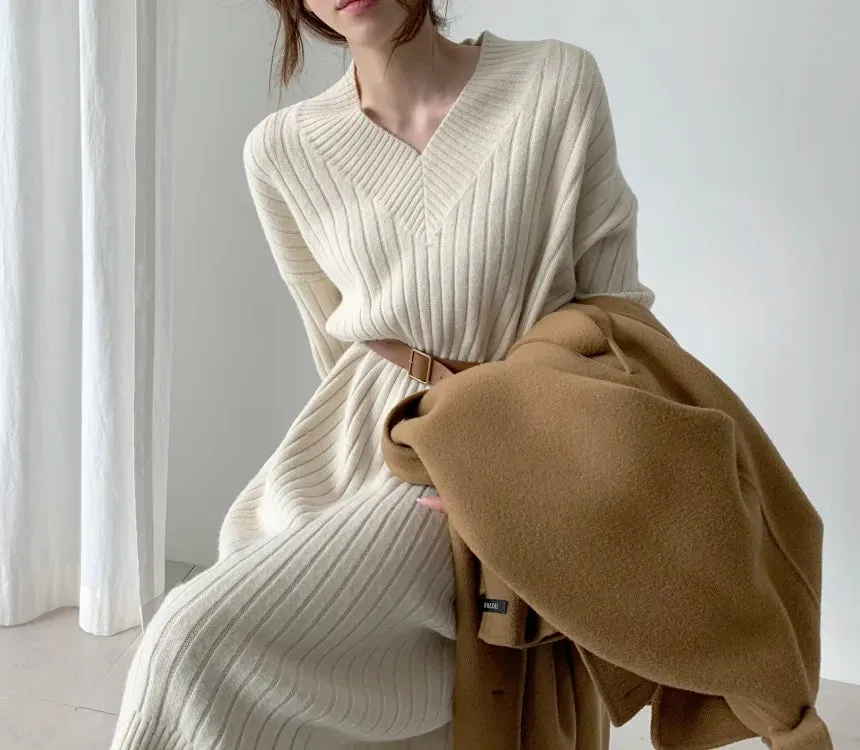 Autumn Sweater Women Dress Winter Wool Long Sleeve Sweaters Knitted Dresses Womens Loose Maxi Oversize Knitting Vestido Vintage