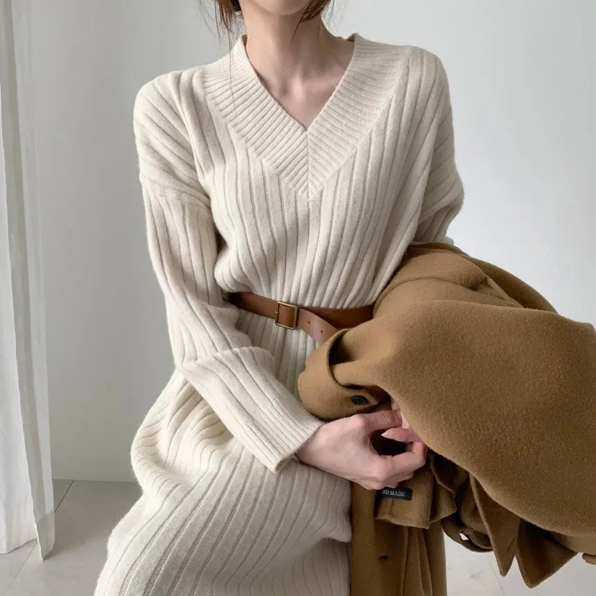 Autumn Sweater Women Dress Winter Wool Long Sleeve Sweaters Knitted Dresses Womens Loose Maxi Oversize Knitting Vestido Vintage