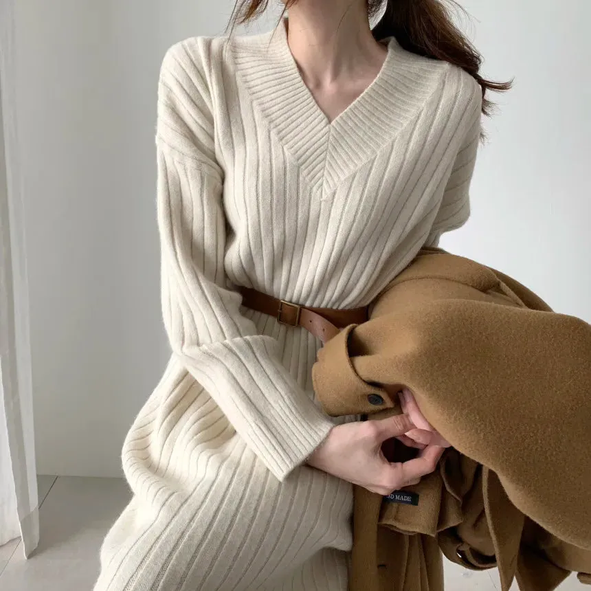 Autumn Sweater Women Dress Winter Wool Long Sleeve Sweaters Knitted Dresses Womens Loose Maxi Oversize Knitting Vestido Vintage
